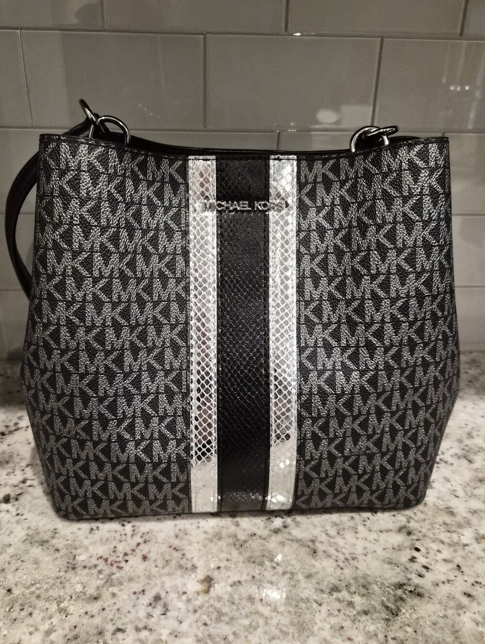 Michael Kors Pratt Medium Signature Logo and Metallic Shoulder Bag